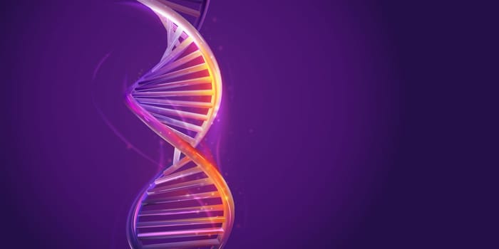 Structure of the DNA double helix with a golden glow on a violet background.