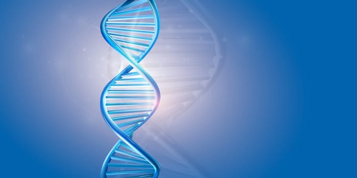 Vertical model of DNA double helix structure on a blue background.