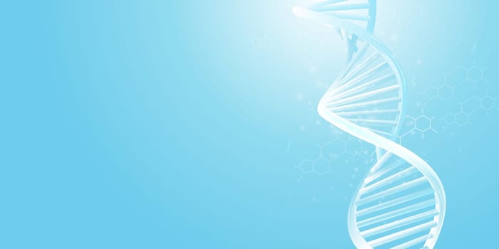 Model of abstract DNA double helix on a light blue background.