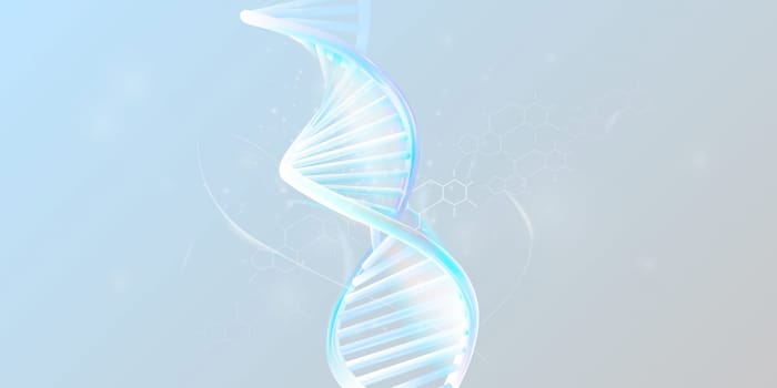 DNA double helix model on a light background.