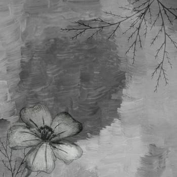 Watercolor Gray Background with Hand Drawn Black and White Marigold Flowers. Floral Background for Scrapbooking, Print, Wrap and other.