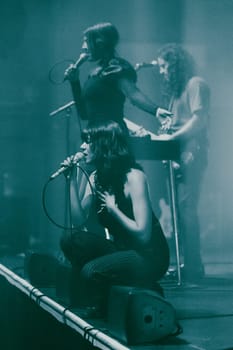 MELBOURNE, AUSTRALIA - MAY 5: Clews on stage with Australian music group Holy Holy as they perform their 'Messed Up' national tour at The Northcote Theatre on May 5 2023 in Melbourne, Australia