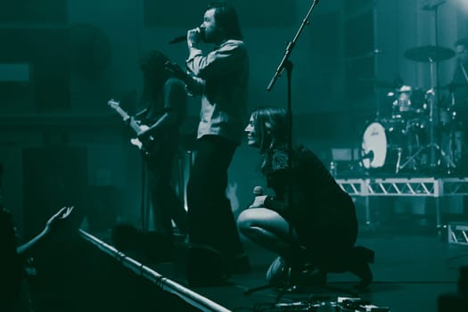 MELBOURNE, AUSTRALIA - MAY 5: Clews on stage with Australian music group Holy Holy as they perform their 'Messed Up' national tour at The Northcote Theatre on May 5 2023 in Melbourne, Australia