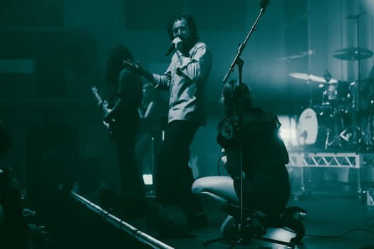 MELBOURNE, AUSTRALIA - MAY 5: Clews on stage with Australian music group Holy Holy as they perform their 'Messed Up' national tour at The Northcote Theatre on May 5 2023 in Melbourne, Australia