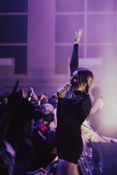 MELBOURNE, AUSTRALIA - MAY 5: Clews on stage with Australian music group Holy Holy as they perform their 'Messed Up' national tour at The Northcote Theatre on May 5 2023 in Melbourne, Australia