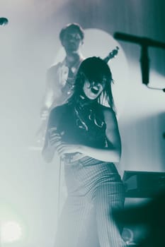 MELBOURNE, AUSTRALIA - MAY 5: Clews on stage with Australian music group Holy Holy as they perform their 'Messed Up' national tour at The Northcote Theatre on May 5 2023 in Melbourne, Australia