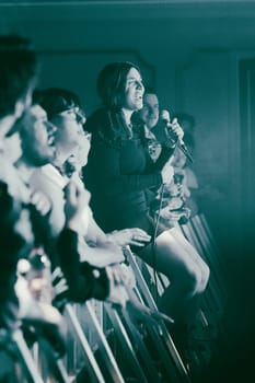 MELBOURNE, AUSTRALIA - MAY 5: Clews on stage with Australian music group Holy Holy as they perform their 'Messed Up' national tour at The Northcote Theatre on May 5 2023 in Melbourne, Australia