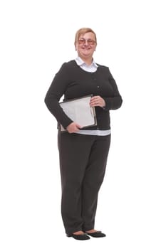 Senior woman holding a blank sign isolated on white background and looking at camera