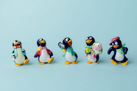 Tyumen, Russia-February 15, 2023: Kinder surprise toy penguins. Collection of kinder surprise toys.