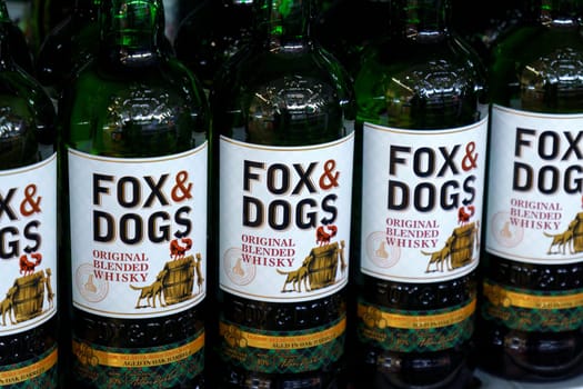 Tyumen, Russia-March 17, 2023: Whisky Fox and Dogs in the alcohol market. Selective focus