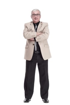 in full growth. intelligent mature man in a white jacket . isolated on a white background.