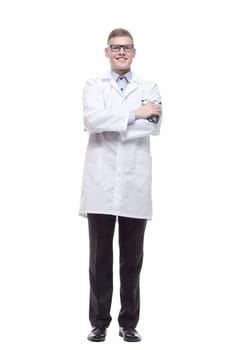 in full growth. stethoscope in the hands of a young doctor. isolated on a white background.