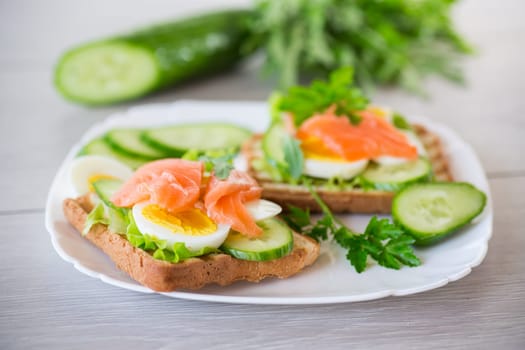 fried toast with lettuce, egg, cucumbers and red fish in a plate, on a wooden table.