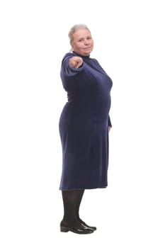 Senior mature woman standing over white isolated background pointing with hand and finger up to the camera with happy and natural expression