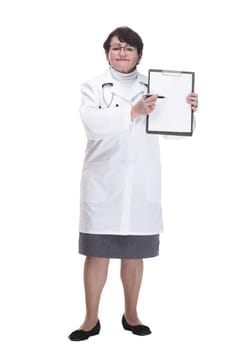 in full growth. senior female doctor with a clipboard. isolated on a white background.