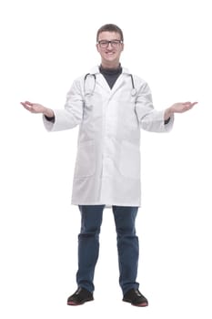 in full growth. qualified doctor with a stethoscope . isolated on a white background.