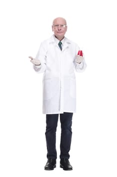 in full growth. medical researcher with a laboratory flask. isolated on a white background.