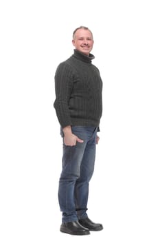 Front view of satisfied positive man gesturing ok sign. Isolated on white background