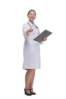 in full growth.female doctor with clipboard. isolated on a white background.