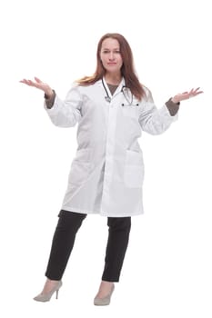 full-length. mature female doctor with stethoscope . isolated on a white background.