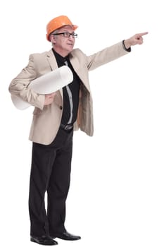 in full growth. male architect with drawings. isolated on a white background.