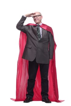 in full growth. business man in a superhero raincoat. isolated on a white background.