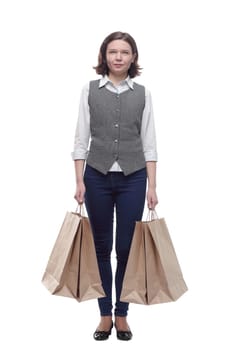 casual mature woman with shopping bags . isolated on a white background.