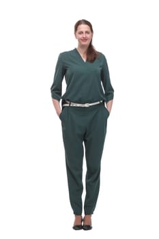Full body young woman in casual clothes, relaxed pose, isolated over a white background.
