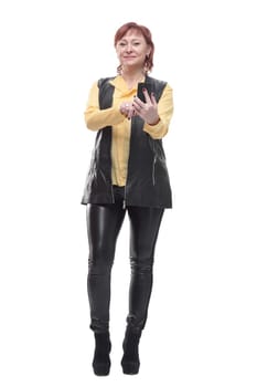 in full growth. happy mature woman with smartphone. isolated on a white background.