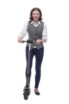 casual mature woman with electric scooter. isolated on a white background.