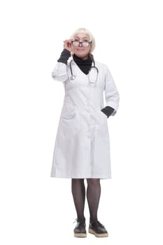 in full growth. friendly woman doctor. isolated on a white background.