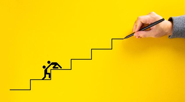 Team work for success, hand drawing staircase on yellow background