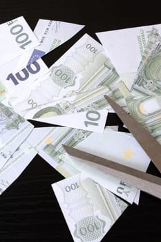 Scissors and cut Euro bills on black background close up