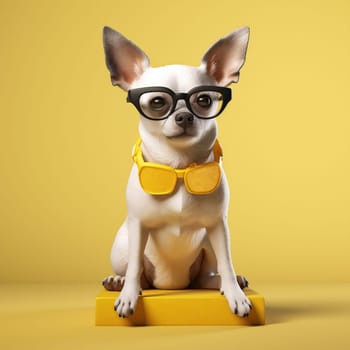 dog goggles yellow chihuahua canino glasses young smart animal background portrait funny clever friend cute pet doggy puppy sunglasses canine tie. Generative AI.
