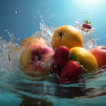 berry water wave food healthy sweet fresh background apple agriculture red diet nature green banana white fruit strawberry vitamin drop ingredient. Generative AI.