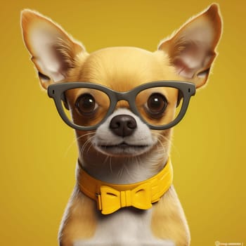 dog fashion collar chihuahua background fun puppy pet cute pedigree glasses clever goggles studio isolated student portrait wear looking animal yellow. Generative AI.