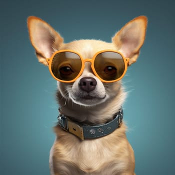 dog canino cool chihuahua funny happy portrait fashion glasses concept young adorable doggy eyeglass yellow pet animal sunglasses cute background puppy. Generative AI.