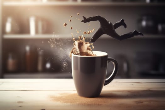 morning latte drink cafe grain texture copyspace natural espresso breakfast foam close coffee mug aroma roast brown cup bean table. Generative AI.