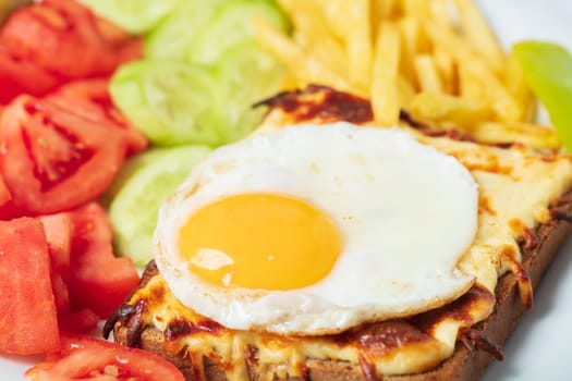 Breakfast. French cuisine. Croque madame sandwich close up on the table. High quality photo