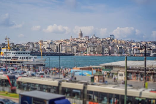 Istanbul city skyline in Turkey, Beyoglu district old houses with Galata tower on top, view from the Golden Horn.