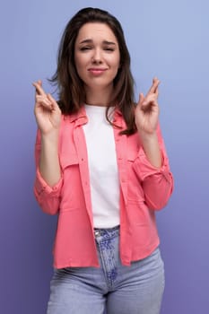 portrait of well-groomed european brunette woman in casual look isolated background.