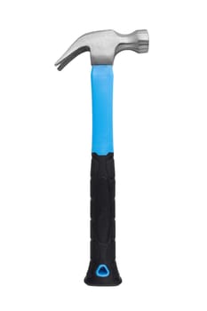 Steel claw hammer with a black and blue handle isolated on a white background.