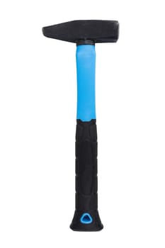 Hammer with a black and blue handle isolated on a white background.