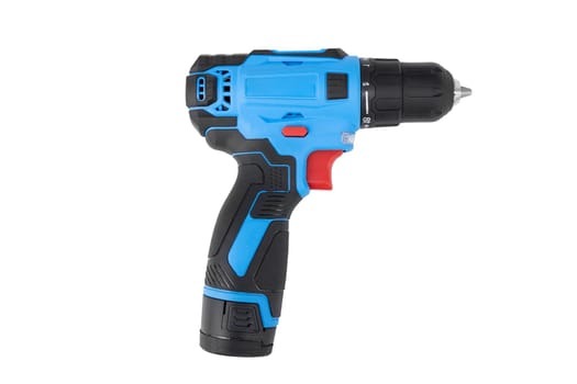 Blue with black inserts Chinese plastic cordless electric screwdriver isolated on white.