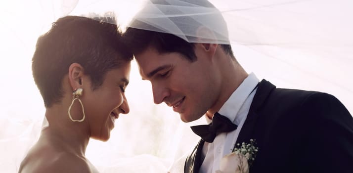 Its amazing how much happiness one person can give you. an affectionate young newlywed couple sharing an intimate moment while covering themselves with a veil on their wedding day