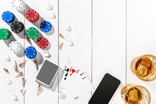 Post blog social media poker. View from above with copy space. Banner template layout mockup for online casino. Wooden white table, top view on workplace. Banner for online casinos and gambling