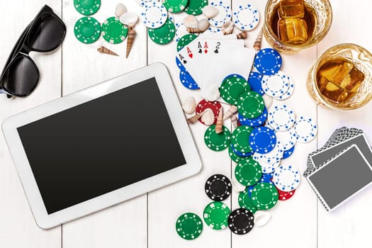 Post blog social media poker. View from above with copy space. Banner template layout mockup for online casino. Wooden white table, top view on workplace. Banner for online casinos and gambling