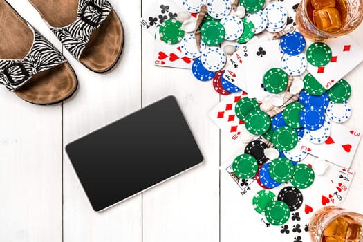 Post blog social media poker. View from above with copy space. Banner template layout mockup for online casino. Wooden white table, top view on workplace. Banner for online casinos and gambling