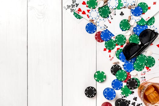 Post blog social media poker. View from above with copy space. Banner template layout mockup for online casino. Wooden white table, top view on workplace. Banner for online casinos and gambling