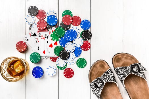 Post blog social media poker. View from above with copy space. Banner template layout mockup for online casino. Wooden white table, top view on workplace. Banner for online casinos and gambling